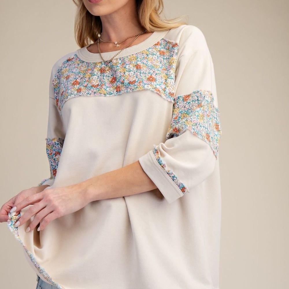 NEW EASEL Floral PATCH SOFT WASHED TERRY KNIT TOP BOXY PATCHWORK ECRU RELAXED - Picture 7 of 8